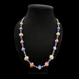 Vintage Cloisonné Enamel Necklace 30” Tested 14K Gold Glass Beads